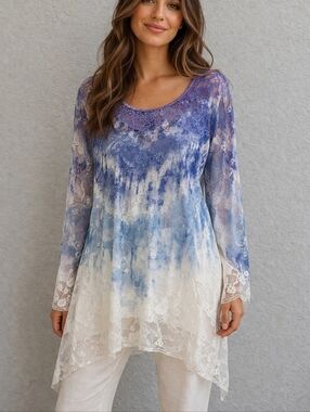 CAL STYLE Bedazzled Lace Overlay Ombre Watercolor Assymetric Tunic